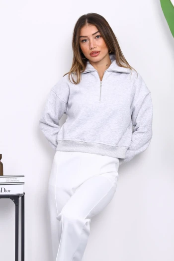 Gri Önü Fermuarlı Üç İplik Crop Sweat