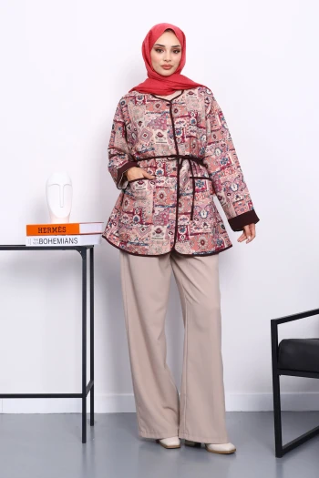 Gül Kurusu Etnik Desenli Çıtçıtlı Ceket