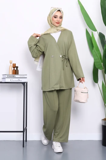 Haki Bağlama Detaylı Tunik Pantolonlu Takım