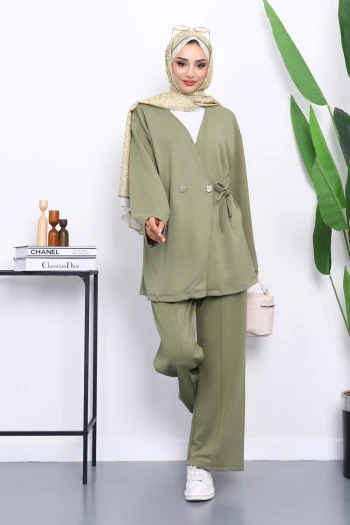 Haki Bağlama Detaylı Tunik Pantolonlu Takım