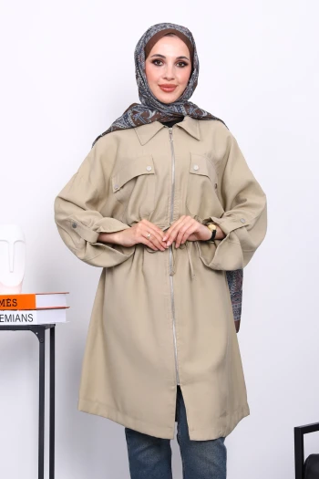 Haki Bel Kuşaklı Çift Cepli Gabria Kap