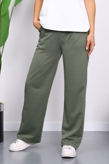 Haki Bel Lastikli İki İplik Palazzo Eşofman Alt