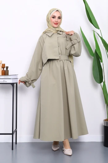 Haki Bel Lastikli Kemerli Trenç Elbise