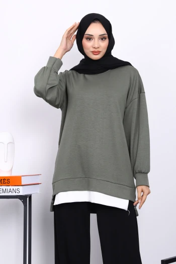 Haki Bisiklet Yaka Yan Fermuarlı Tunik