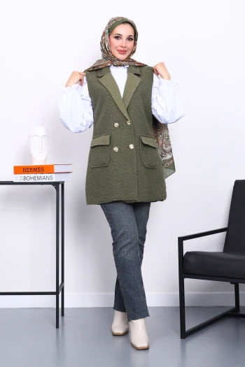 Haki Düğmeli Buklet Yelek