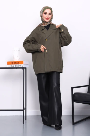 Haki Düğmeli Oversize Kanvas Ceket