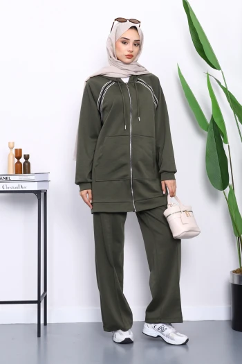 Haki Fermuarlı Tunik Pantolonlu Modal Takım