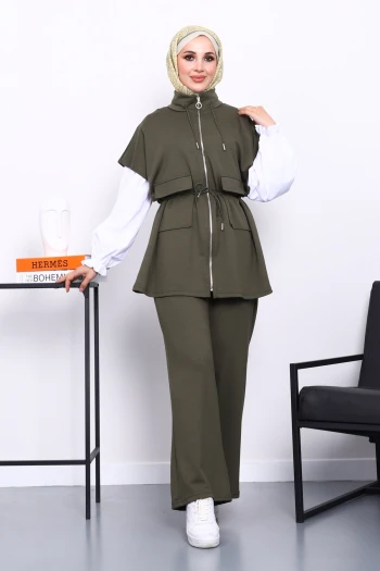 Haki Fermuarlı Yelek Pantolonlu Modal Takım