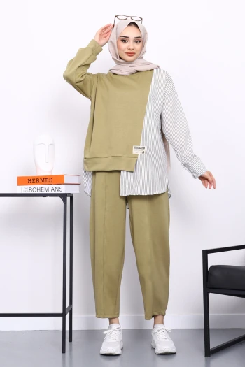 Haki Garnili Tunik Pantolonlu Çizgili Takım