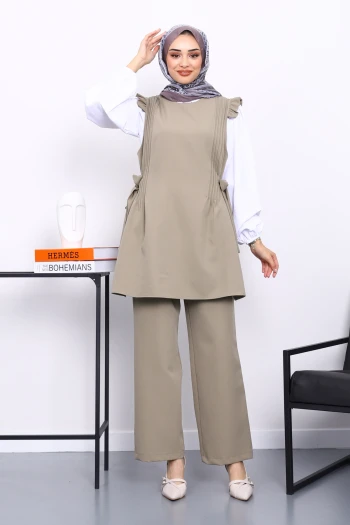 Haki Gömlek Yelek Pantolonlu Üçlü Takım