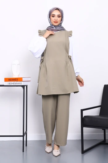 Haki Gömlek Yelek Pantolonlu Üçlü Takım