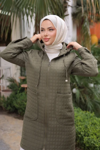 Haki Kapitone Fermuarlı Cepli Kap