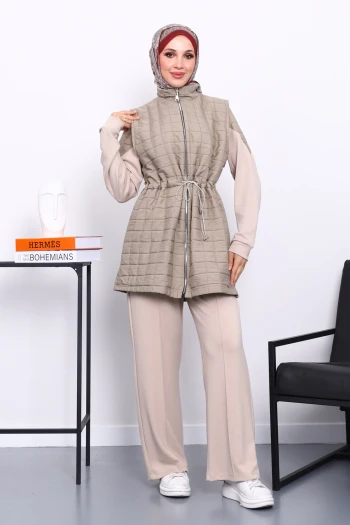 Haki Kapitone Yelek Tunik Pantolonlu Üçlü Takım