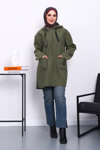 Haki Kapşonlu Cepli Buklet Kaban