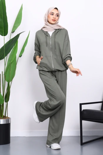 Haki Kapşonlu Fermuarlı Kanguru Cepli Modal Takım