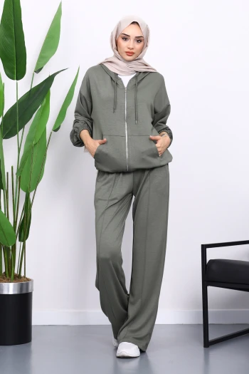 Haki Kapşonlu Fermuarlı Kanguru Cepli Modal Takım