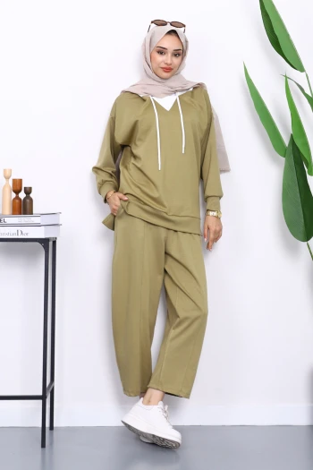 Haki Kapşonlu Tunik Pantolonlu Takım