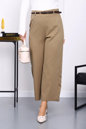 Haki Kemerli Yan Fermuarlı Pantolon