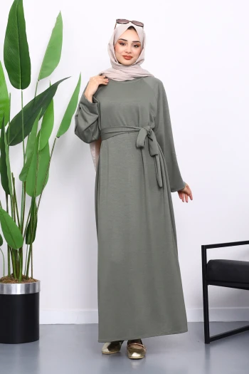 Haki Kolu Armalı Reglan Kol Basic Modal Kuşaklı Elbise