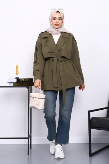 Haki Kravuze Yaka Düğmeli Kısa Trençkot