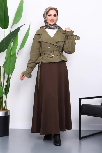 Haki Kruvaze Yaka Kemerli Kısa Trençkot