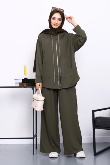 Haki Önü Kısa Arkası Uzun Tunik Pantolonlu Takım