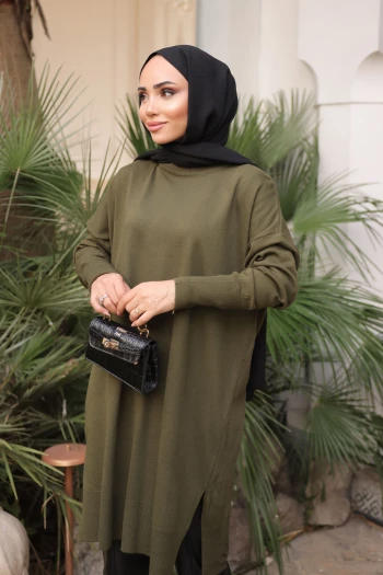 Haki Soğuk İplik Merserize Triko Kazak