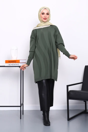 Haki Soğuk İplik Merserize Triko Tunik