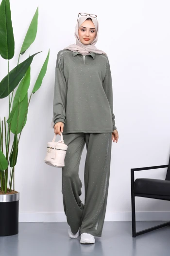Haki Taşlı Yaka Fermuarlı Tunik Pantolonlu Takım