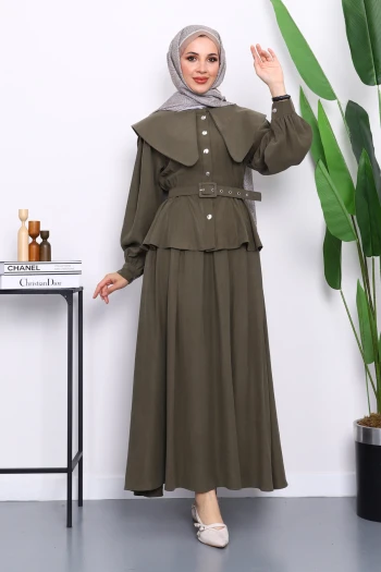 Haki Yaka Detaylı Gömlek Etekli Takım