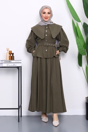 Haki Yaka Detaylı Gömlek Etekli Takım