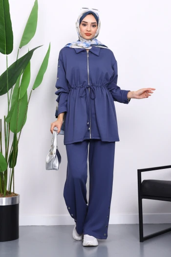 İndigo Çıtçıt Detaylı Tunik Pantolonlu Modal Takım