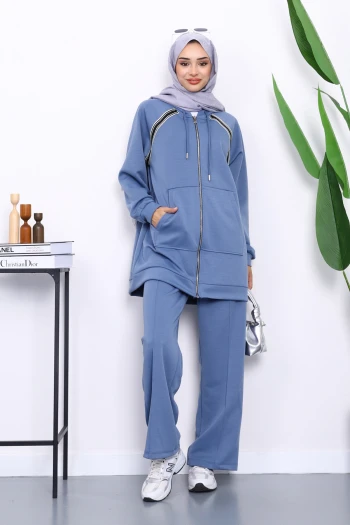 İndigo Fermuarlı Tunik Pantolonlu Modal Takım