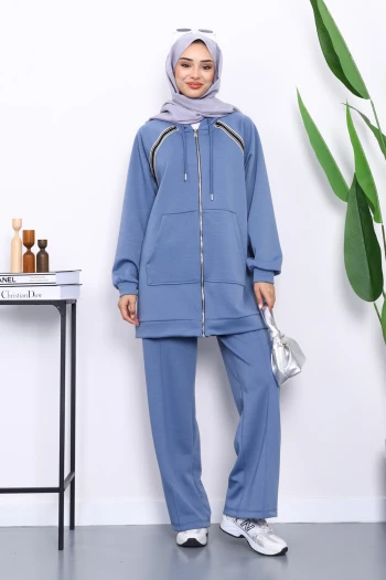 İndigo Fermuarlı Tunik Pantolonlu Modal Takım