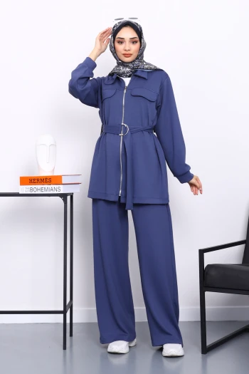 İndigo Sahte Cepli Bel Kuşaklı Modal Takım