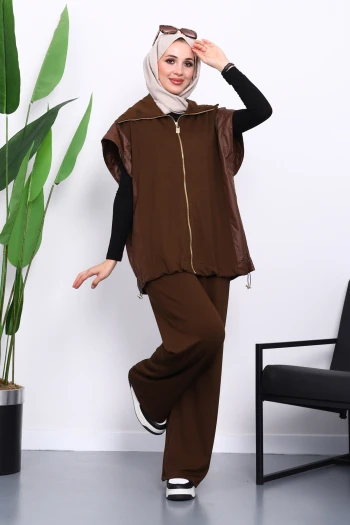 Kahve Fermuarlı Tunik Pantolonlu Takım