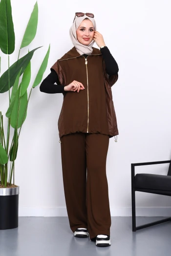 Kahve Fermuarlı Tunik Pantolonlu Takım