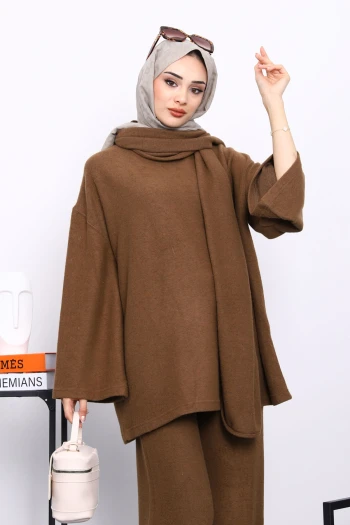 Kahverengi Atkılı Tunik Pantolonlu Fitilli Takım