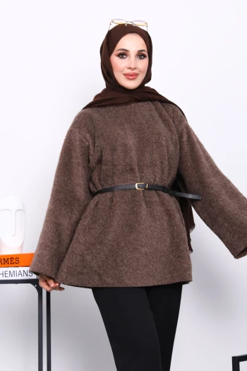 Kahverengi Bel Kemerli Angora Tunik