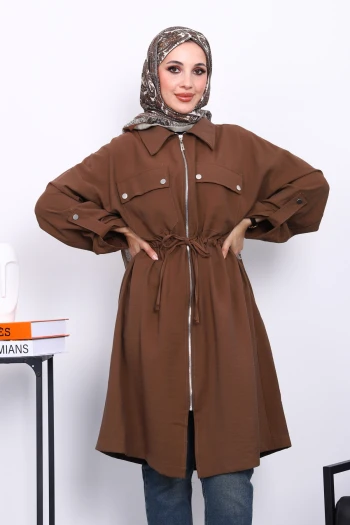 Kahverengi Bel Kuşaklı Çift Cepli Gabria Kap