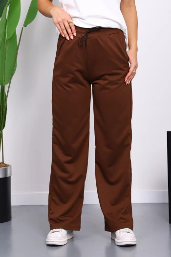 Kahverengi Bel Lastikli İki İplik Palazzo Eşofman Alt