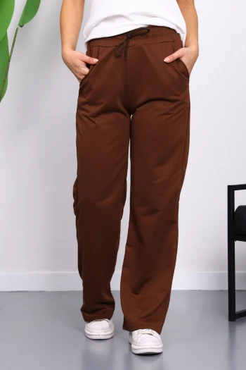 Kahverengi Bel Lastikli İki İplik Palazzo Eşofman Alt