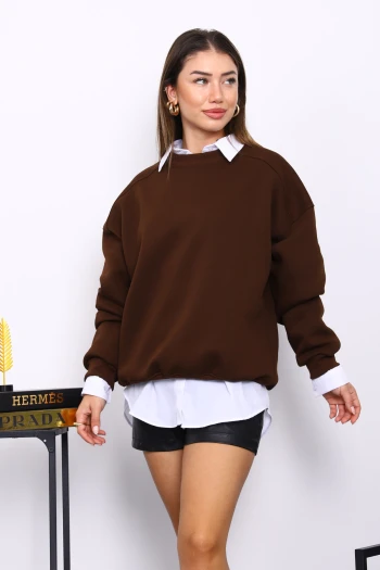 Kahverengi Bisiklert Yaka Üç İplik Sweat