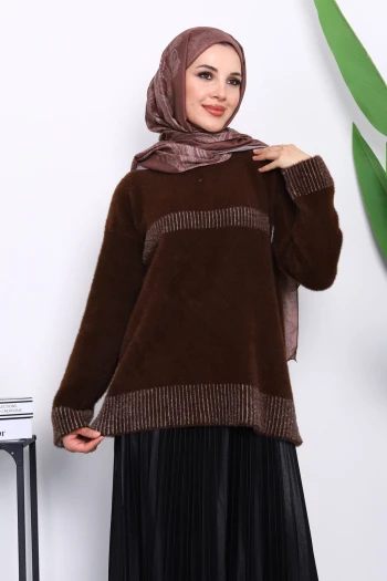 Kahverengi Bisiklet Yaka Çizgili Angora Yumoş Triko Kazak