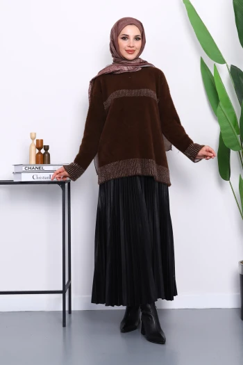 Kahverengi Bisiklet Yaka Çizgili Angora Yumoş Triko Kazak