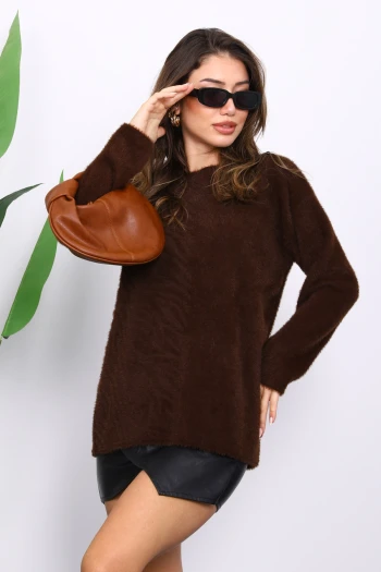 Kahverengi Bisiklet Yaka Angora Yumoş Triko Kazak
