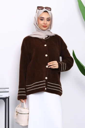 Kahverengi Biye Detaylı Angora Yumoş Triko Hırka