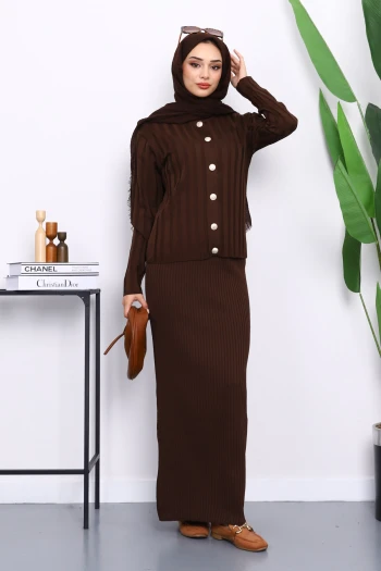 Kahverengi Crop Hırka Triko Elbise İkili Kombin