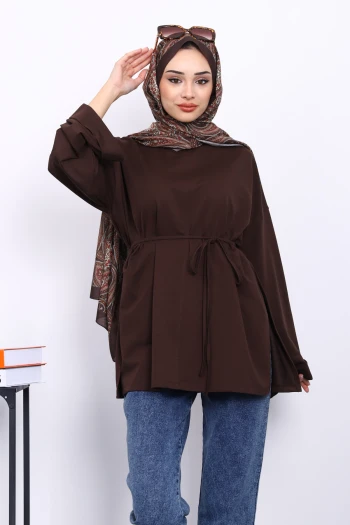 Kahverengi Dikiş Detaylı Yanları Yırtmaçlı Sweatshirt