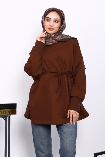 Kahverengi Düğme Detaylı Oversize Sweatshirt